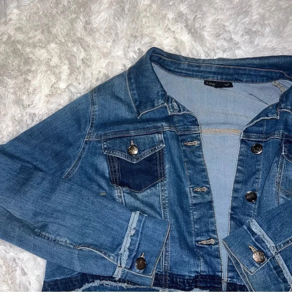 Lane Bryant Denim Jean Jacket Color block Patchwork pattern size 20 Petite crop - Picture 1 of 5